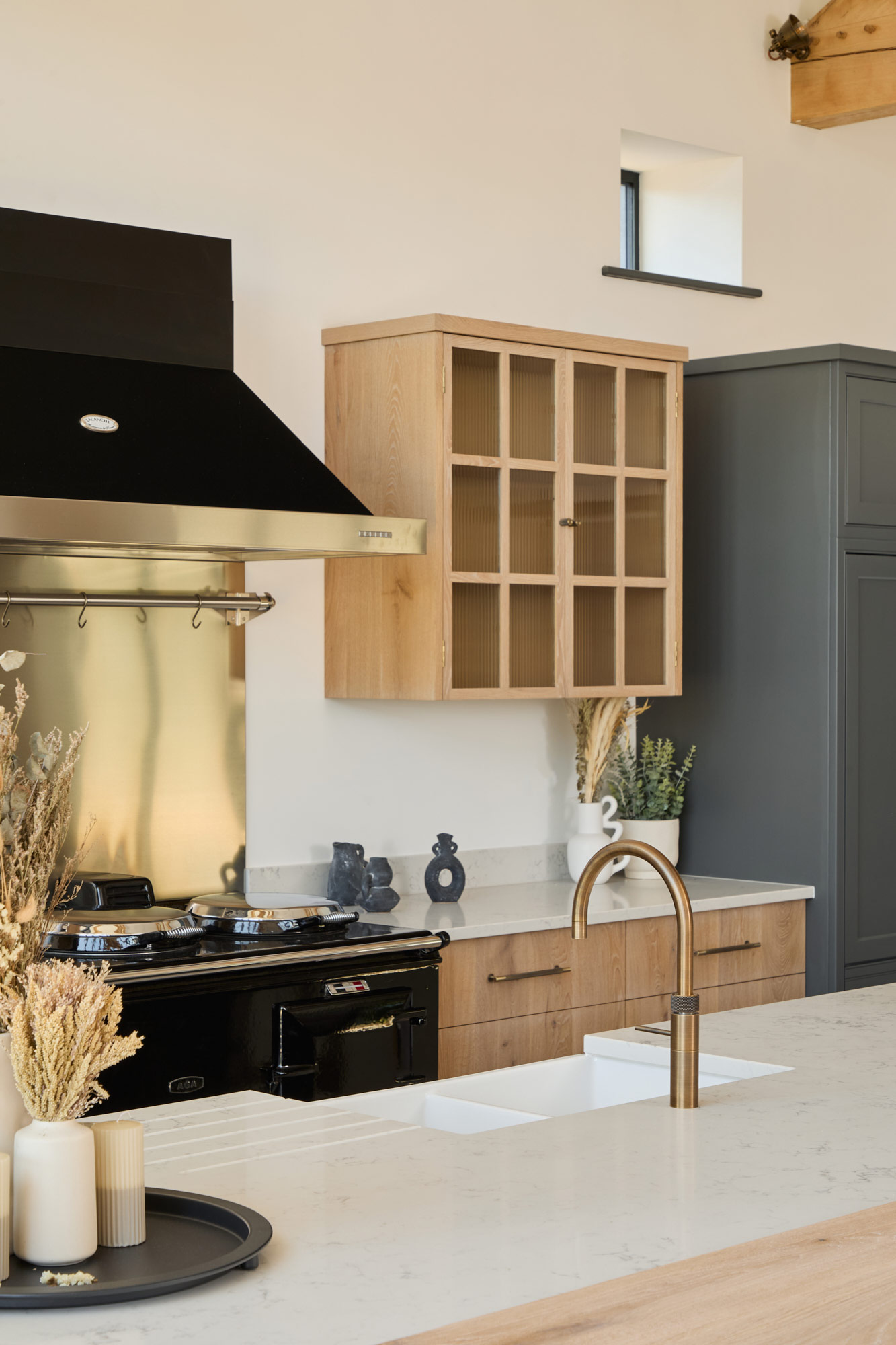 oak cabinets with fluted glas doors