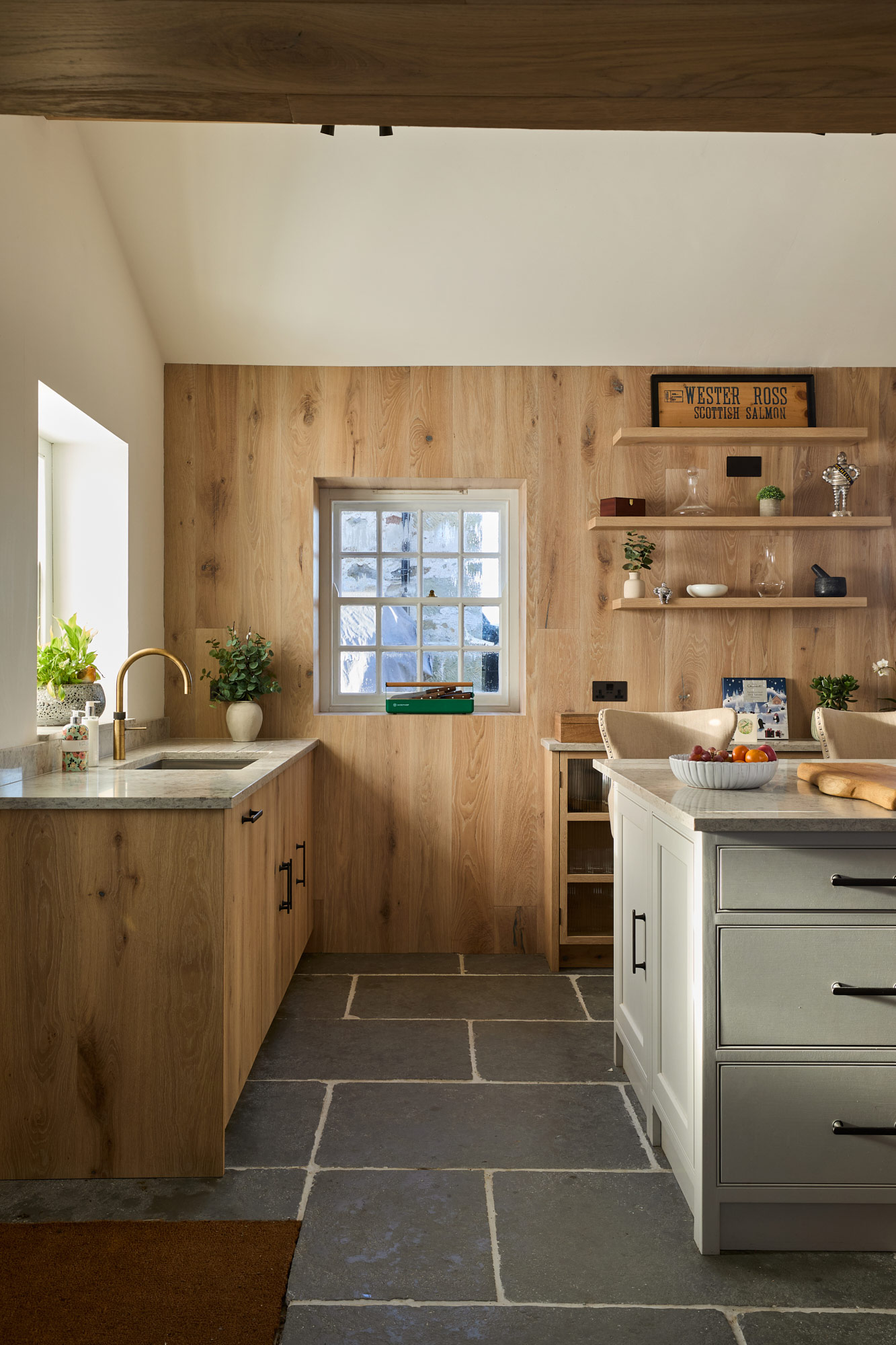 painted and oak kitchen cabinets