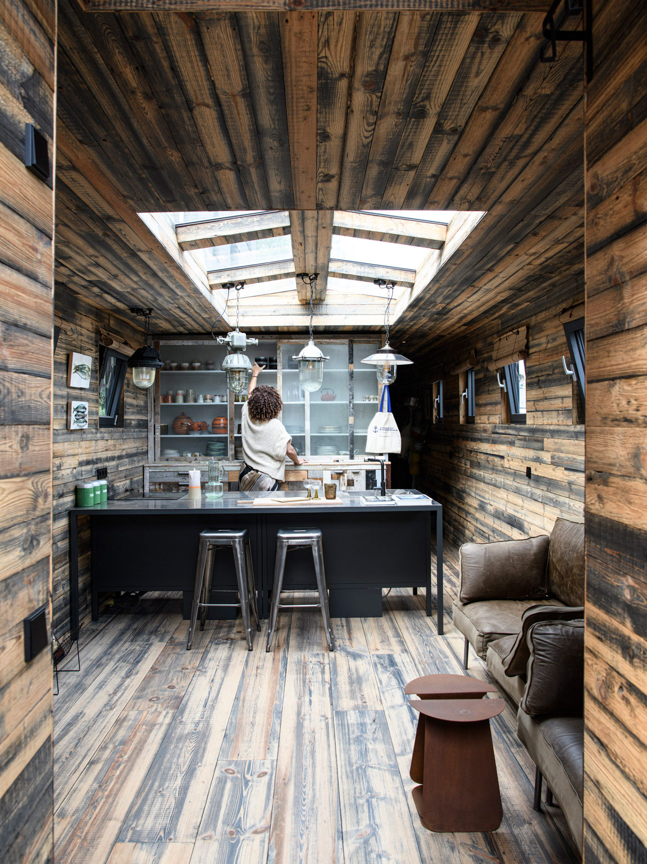 canal boat with reclaimed rustic wall cladding