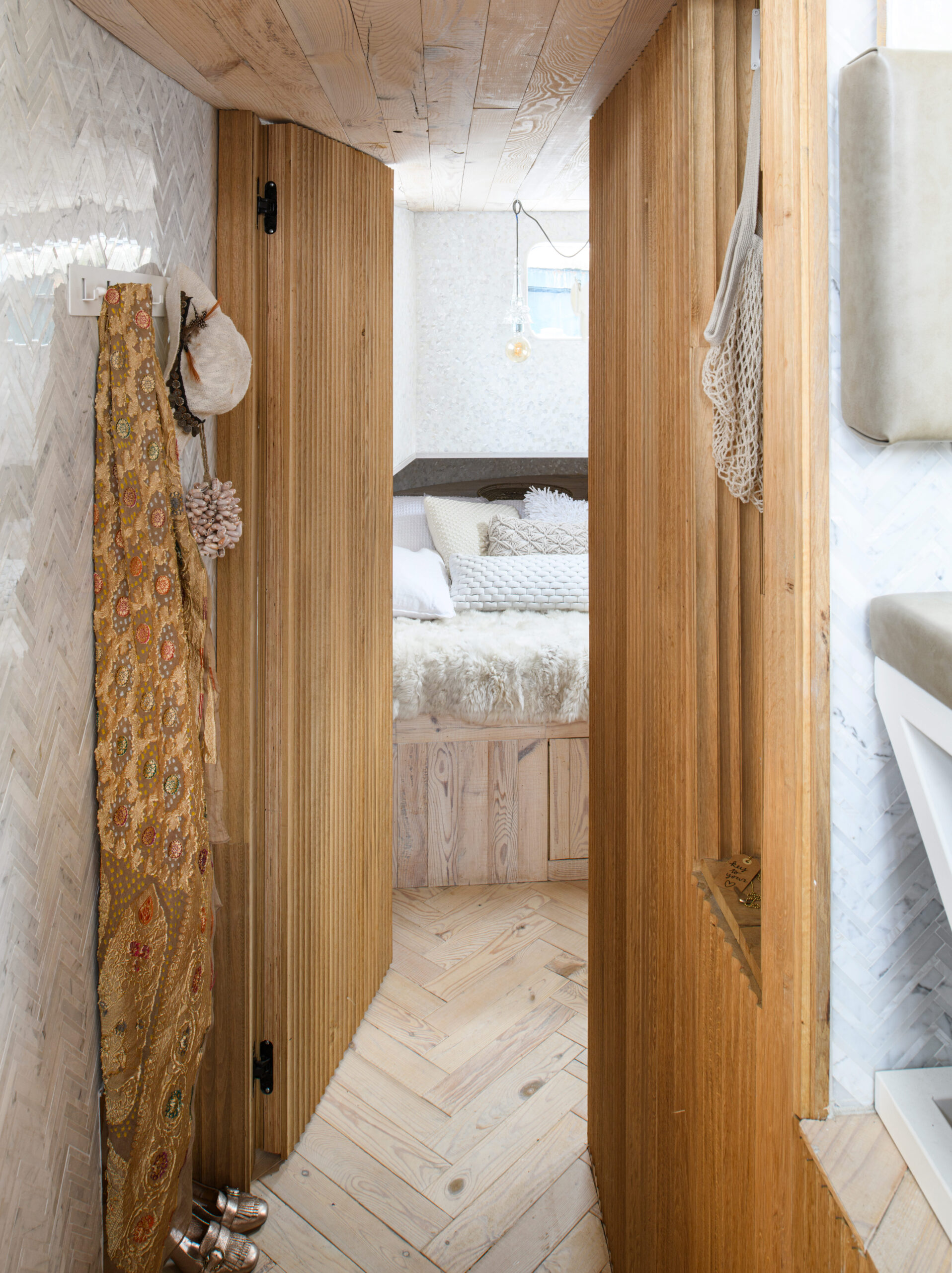 parquet inside canal boat bedroom